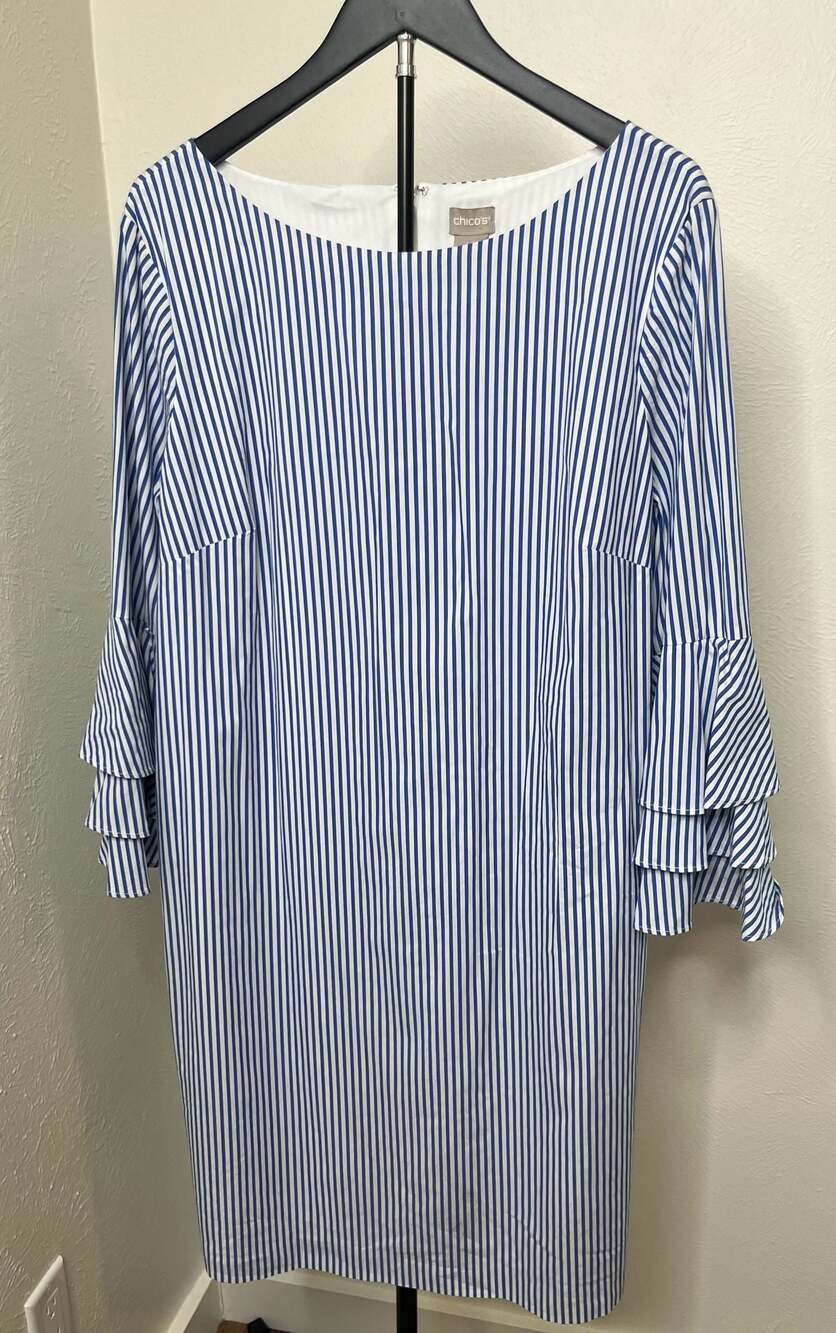 Blue White Striped Ruffle Sleeve Dress Coastal Preppy Summer Resort